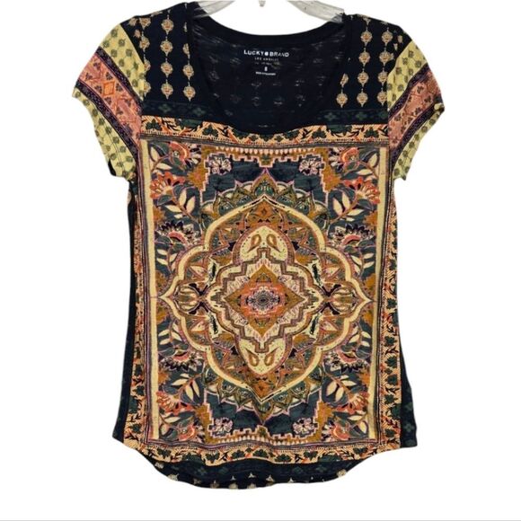 Lucky Brand Persian Carpet Graphic Scoop Neck Short Sleeve Tee Casual Knit Shirt - Picture 12 of 12